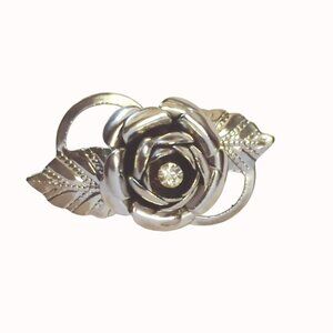 Vintage Hollywood Regency Style Silver Rose Brooch With Rhinestone Center